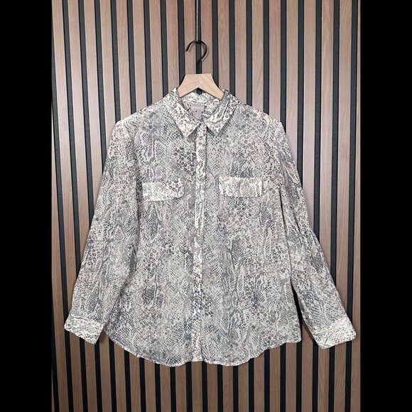 Chicos Shirt 2 / Large Sheer Brown Snakeskin Reptile Print Long Sleeve Button - Picture 1 of 7